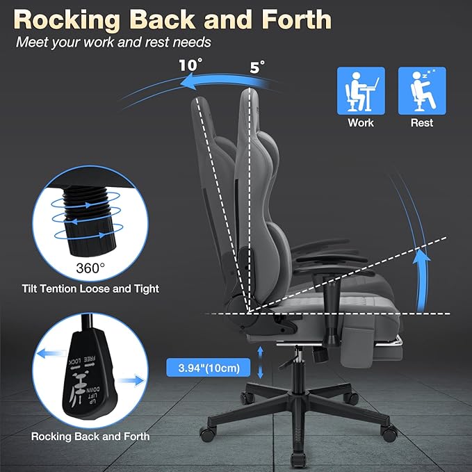 HOFFREE Gaming Chair Suede Fabric with Pocket Spring Cushion Massage Gaming Chairs with Footrest 350LBS Computer Office Chair for Adults Ergonomic Computer Chair with Lumbar Support Grey