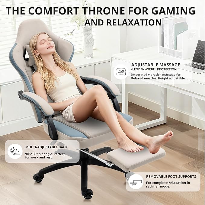 Dowinx Gaming Chair Breathable Fabric Game Chair with Gel Pad and Storage Bag Comfortable Gamer Chair with Pocket Spring CushionErgonomic Computer Chair with FootrestGrey