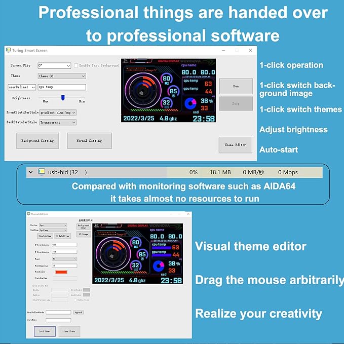 WOWNOVA White 3.5in Computer Temp Monitor ARGB PC Case Secondary Screen USB Mini Screen IPS Display for CPU RAM HDD Data Monitor