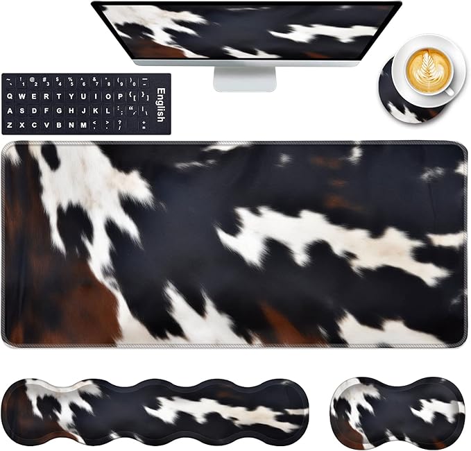 Keyboard Wrist Rest and Mouse Pad with Wrist Support Set Ergonomic CoasterMemory FoamEasy Typing Pain ReliefLarge XL Desk Mat 31.5x 11.8Cute Cowhide Brown Black Cow