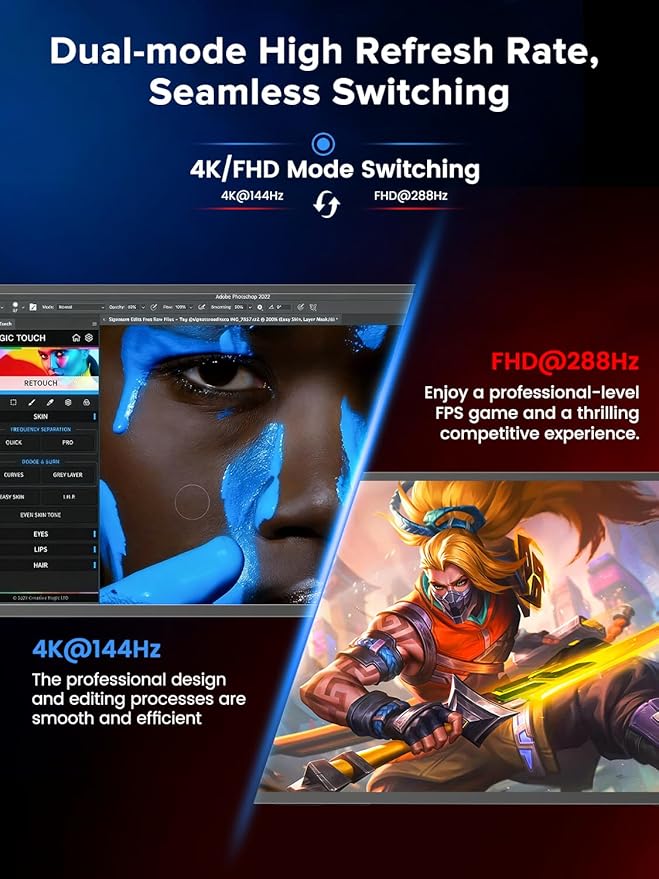 UPERFECT Portable Monitor 27” Dual Mode 4K UHD 144Hz/FHD 288Hz Gaming Monitor 0.1ms FreeSync 600 Nits 125% sRGB USB-C &amp HDMI 2.1 &amp DP 1.4 Large Second Screen for Laptop Computer Game C