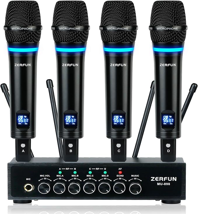 Rechargeable Wireless Microphone System 4 Channel Pro UHF Metal Handheld Wireless Mics Cordless for Church Karaoke Singing with Bluetooth Echo Volume Control 4x50 Frequency(MU-898)