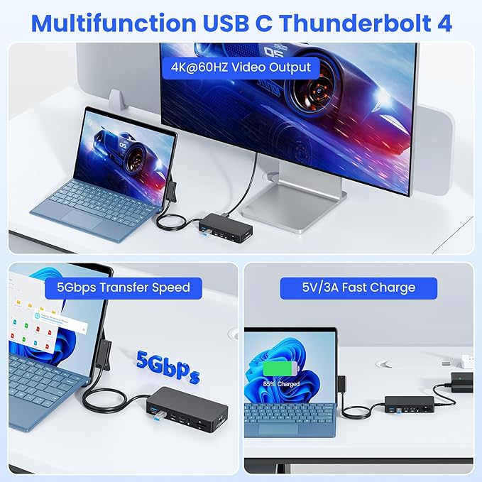 New Surface Dock Triple Displays 4K HDMI+DP+Thunderbolt 4 12 in 1 Surface Pro Docking Station with 120W Power Adapter for Surface Pro 11/10/9/8/X/7/6/5/4/3 Surface Laptop Surface Book Go