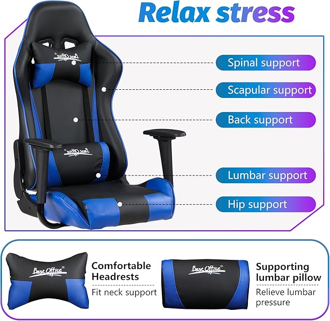 PayLessHere Gaming Chair Ergonomic Office Chair with Lumbar Support Headrest Armrests Rolling Swivel Functionality and Adjustable Features for PC Gamer (Blue)