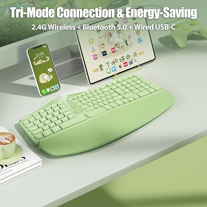 Bow Split Ergonomic Keyboard Wireless with Cushioned Wrist &amp Palm Rest Wireless 2.4G/Bluetooth/Wired USB-C Comfortable Natural Typing Compatible with Windows/Mac/PC/Laptop Matcha Green