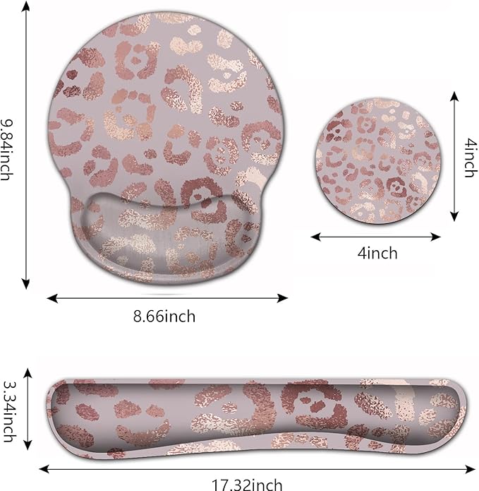 Ergonomic Mouse Pad Wrist Support and Memory Foam Keyboard Wrist Rest Set for Gaming Computer Office Laptop Easy Typing Wireless Mouse Mat Gel Gaming Pad Rose Gold Leopard Print Office Desk Pad