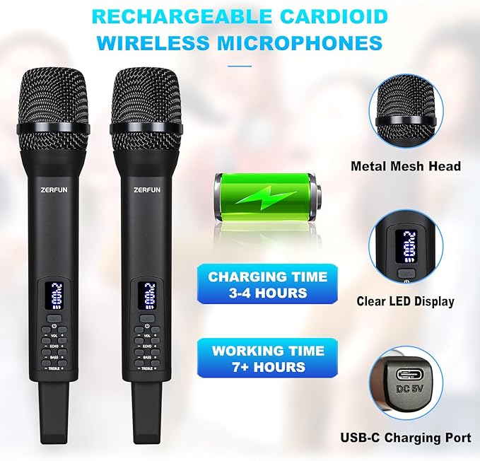 Rechargeable Wireless Microphones 4 Pro Handheld Cordless Mics System Dynamic with Echo Treble BASS VOL Control for Karaoke Singing Church Party 1/4'' Output D240 Black