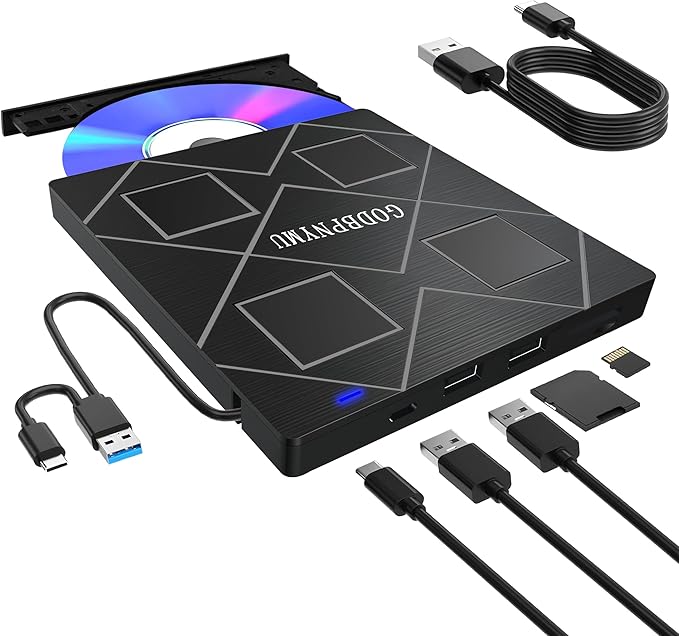 5-in-1 Extemal CD/DVD Drive for LaptopUSB 3.0 &amp Type-C Portable CD/DvD Rw Burner with SD/TF Card Reader &ampDVD-ROM Rewritable PlayerCompatible with Laptop Pc Desktop Windows11/10/8/7 Linux Ma