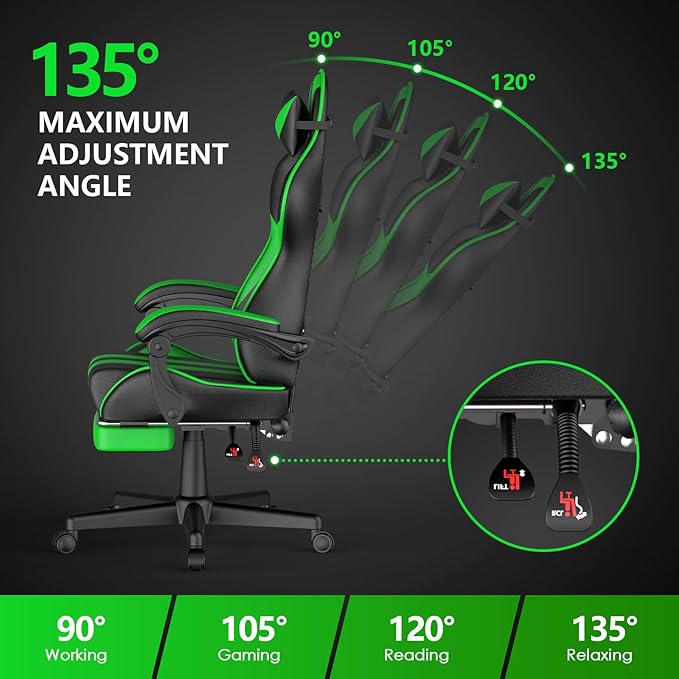 Huracan Gaming Chair with Footrest Adjustable Video Game Computer Chairs for Adults Reclining Backrest Office Desk Chair with Headrest and Lumba Pillow Green