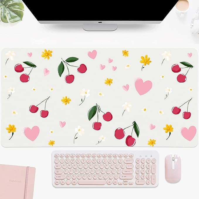 Idocolors Cherry Desk Mat Cute Extended Gaming Keyboard Mouse Pad Large Office Desk Cover Mat Pad Deskmat Non-Slip Leather Home Office Desk Mat Protector 31.5×15.7