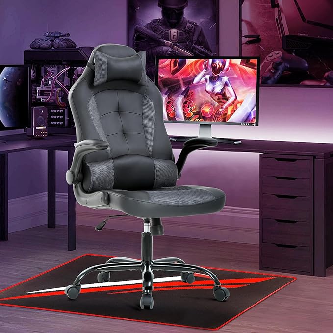 High Back PU Leather Office Gaming Chair Comfortable Big and Tall Height Adjustable Heavy Duty Racing Chair with Headrest &amp Lumbar Support (Grey)