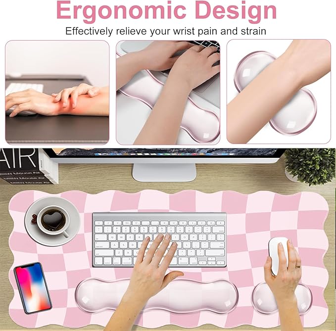 L-SPOUTTO Pink Checkered Mouse Pad SetScalloped XXL Desk Mat + Ergonomic Mouse Wrist Rest + Gel Keyboard Wrist Rest for Keyboard 65%/75%3in1 Large Desk Pad for Desktop Home Office Computer Game