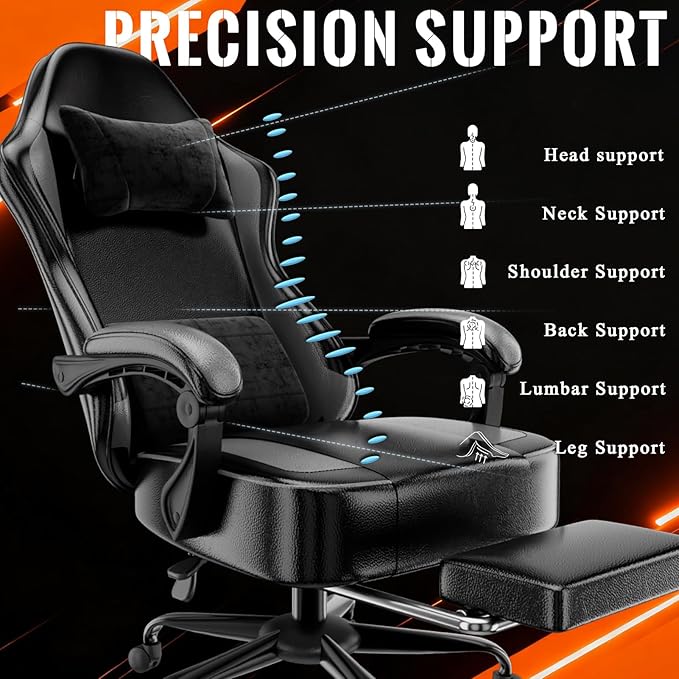 Gaming Chair with Pocket Spring Cushion and Footrest Ergonomic Computer Chair for Adults Breathable PU Leather Game Chair Adjustable Headrest and Lumbar Support Office Desk Chair