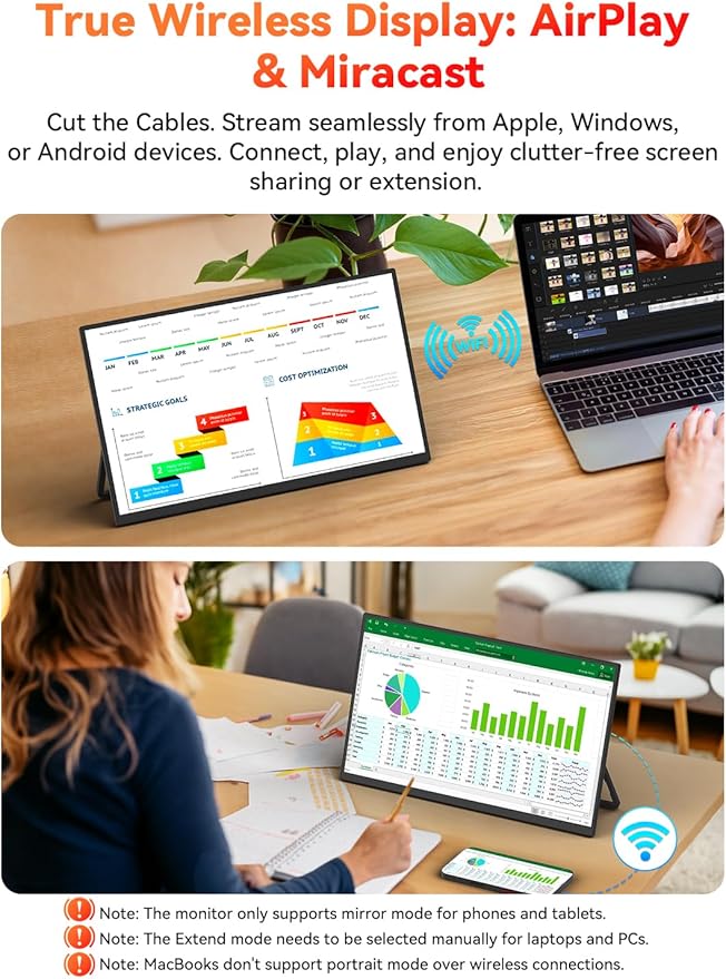 Wireless Portable Monitor Battery-Powered Support AirPlay Miracast 15.6 1080P IPS Monitor USB-C HDMI External Display 2nd Screen for Laptop MacBook PC Phone Tablet w/Built-in Battery(8000mAh)