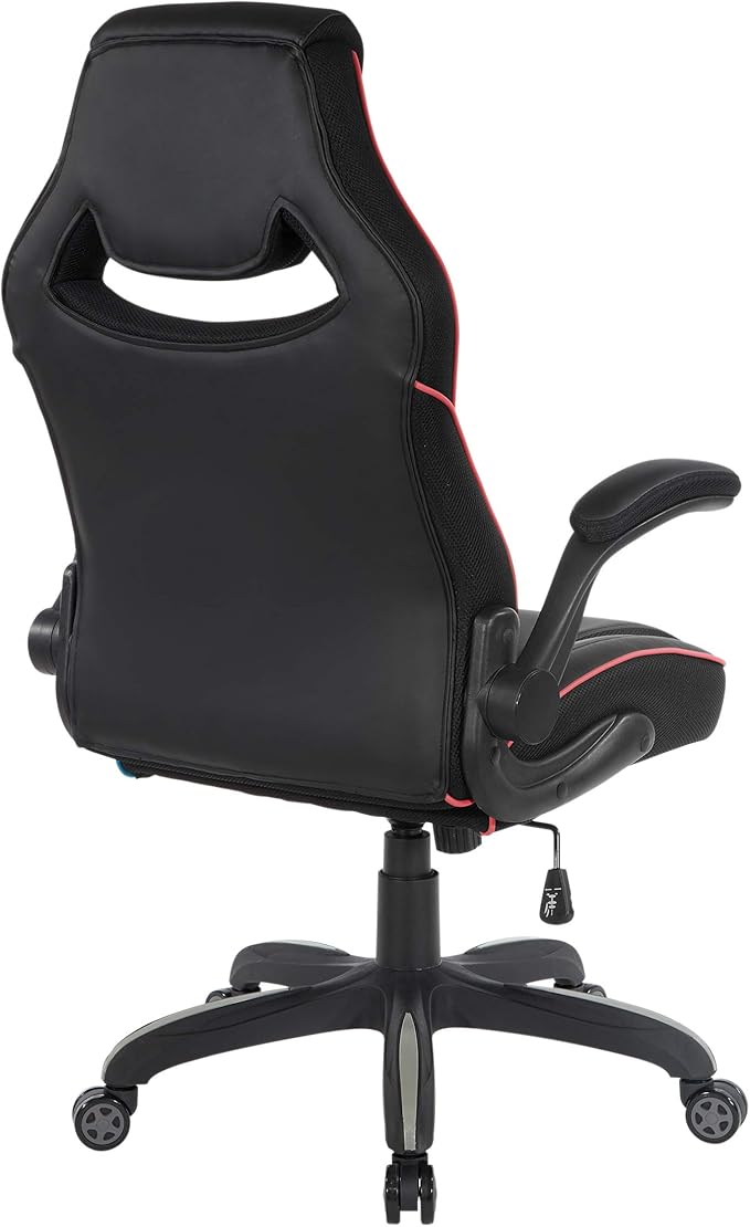 OSP Home Furnishings Xeno Ergonomic Adjustable Faux Leather Gaming Chair with Integrated Headrest and Airflow Cooling Material Black with Red Accents