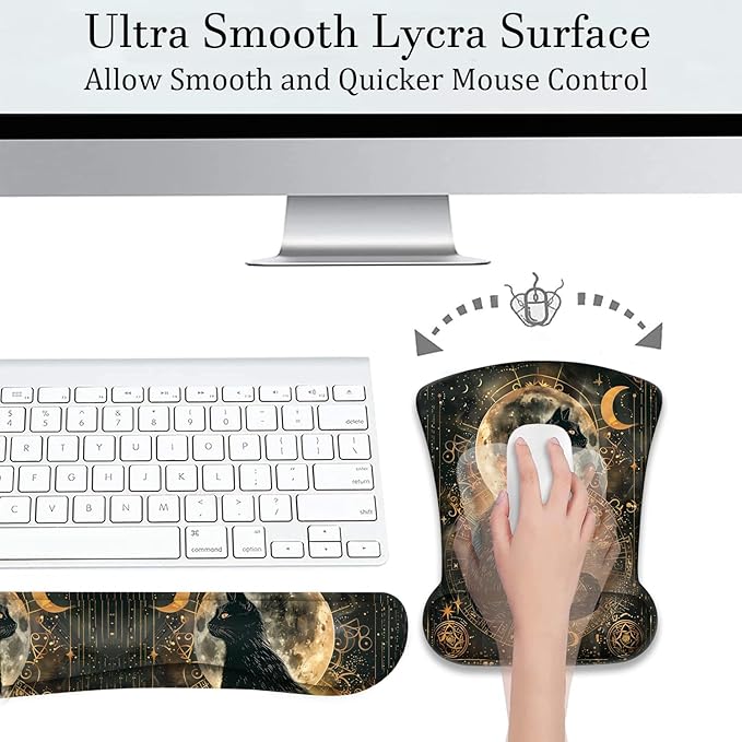 Mouse Wrist Rest and Keyboard Wrist Rest Pad+ Coaster Set Non-Slip Rubber Base Smooth Surface Ergonomic Gaming Mouse Pad for Easy Typing and Pain Relief Divination Black Cat