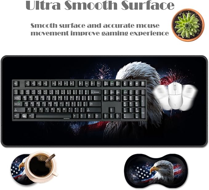 Ergonomic Keyboard Wrist Rest &amp Mouse Pad Wrist Rest SetXL Gaming Desk Mat 31.5x 11.8Non-Slip BaseMemory FoamEasy Typing Pain Relief for Office &amp HomeBald Eagle US Flag Fireworks