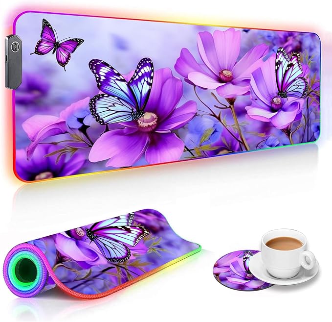RGB Gaming Mouse Pad and Coffee Coaster XXL Large Glowing LED Mousepad Anti-Slip Rubber Base Computer Keyboard Desk Mouse Mat 31.5 X 11.8 Inch - Purple Flowers and Butterfly