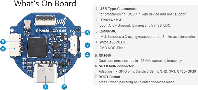 RP2040 MCU Microcontroller Development Board with 0.99inch Round LCD 128×115 Pixels IPS LCD Display Accelerometer and Gyroscope Sensor Type-C Interface Adopts CNC Metal Case