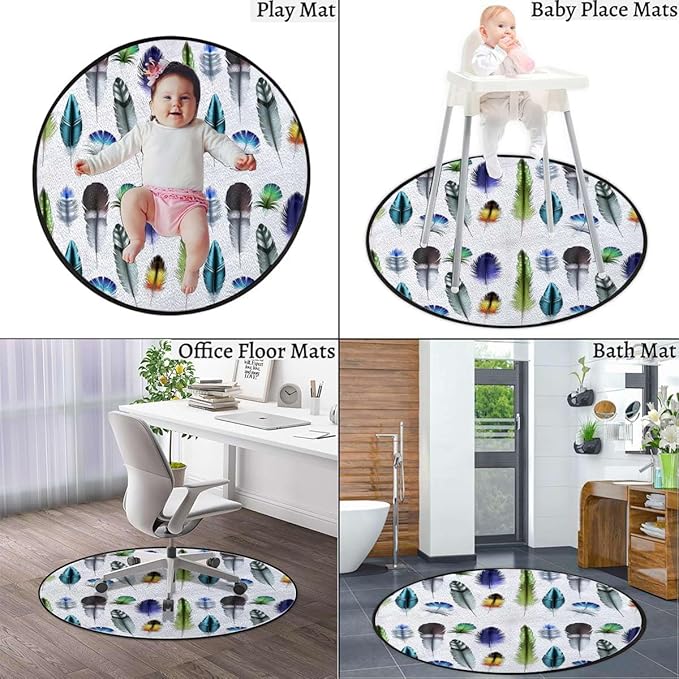 Multicolor Round Area RugsIndoor Throw Runner Circle Rug Entryway Doormat Floor Carpet Pad Yoga Mat for Bedroom Living Room Feathers in Vibrant Colors Diameter 47.2 in