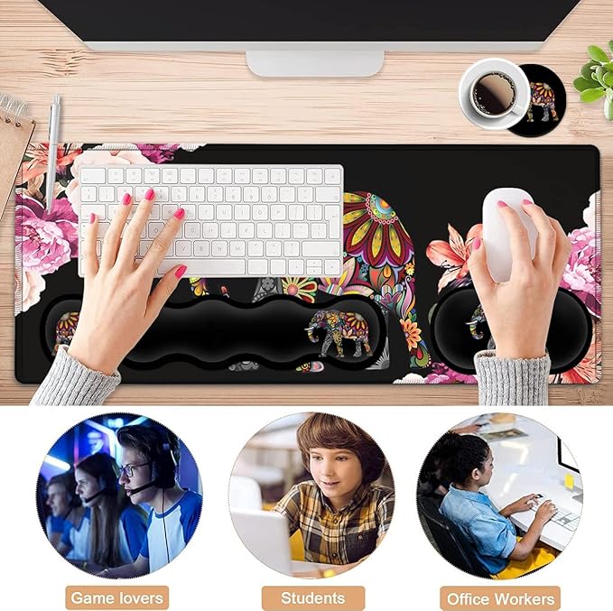 Gaming Mouse Pad XXL Large Desk Mat Non-Slip Rubber Mice Stitched Edges(31.5x11.8 in) Ergonomic Memory Foam Keyboard Wrist Rest Cute Funy Anime Cartoo Colorful Elephant Black Extended Mouse Pad Set