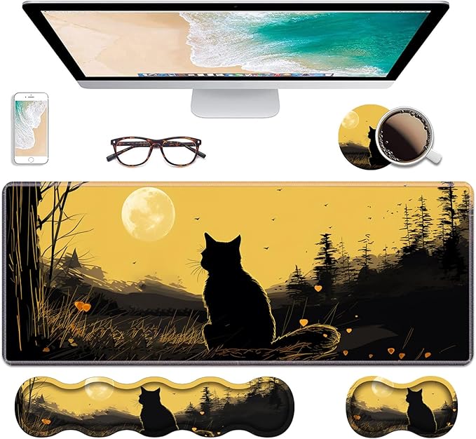 Ergonomic Keyboard Wrist Rest &amp Mouse Pad Wrist Rest Set Large XXL Gaming Desk Mat 31.5x 11.8 with Non-Slip Base Memory Foam Easy Typing Pain Relief for Home &amp Office Black Cat
