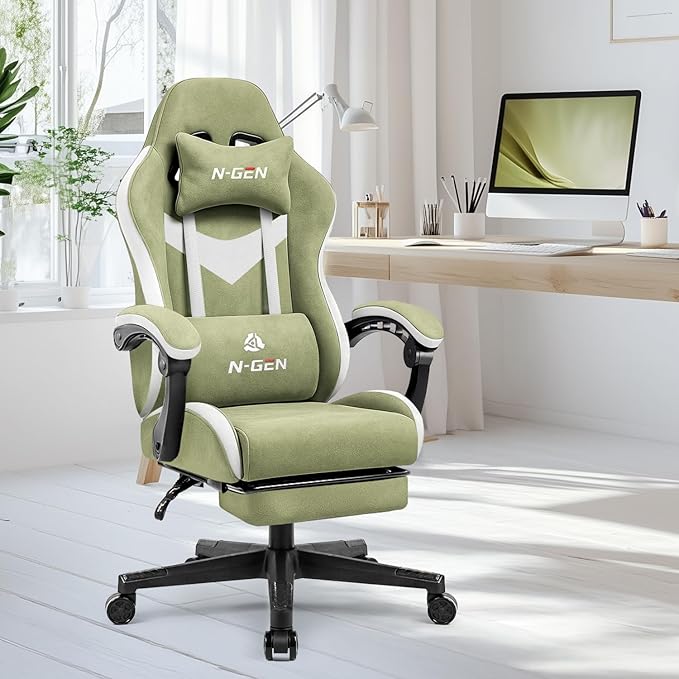 N-GEN GAMING Video Gaming Chair Office Computer Desk Use Ergonomic Reclining Backrest Adjustable Armrests Lumbar Support Footrest High Density Foam Breathable Fabric Heavy Duty Base (Green)