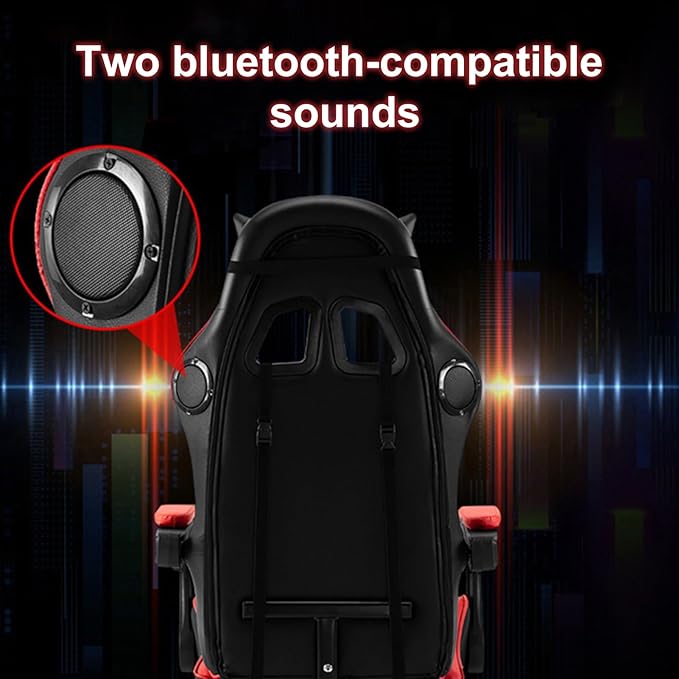 Gaming Chair with Bluetooth Speakers and RGB LED Lights High Back Video Game Massage Chair 360° Swivel Height Adjustable Recliner with Footrest &amp Headrest Lumbar Support Pillows (Black &amp Red)