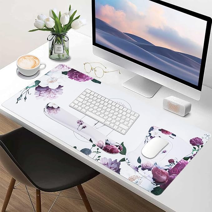 MEGREZ 4-in-1 Ergonomic Memory Foam Wrist Rest Set Desk Pad Mouse Pad with Wrist Rest Keyboard Pad Suitable for Office Workers Programmers &amp Gamers–Relieve Typing &amp Gaming Fatigue White