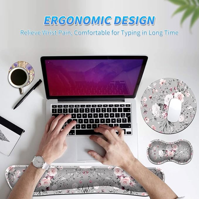 Keyboard Wrist Rest &amp Mouse Pad &amp Mouse Wrist Rest Support &amp Coaster Non Slip Rubber Base Wrist Support with Ergonomic Raised Memory Foam for Computer Laptop Home Office Pink Rose Floral