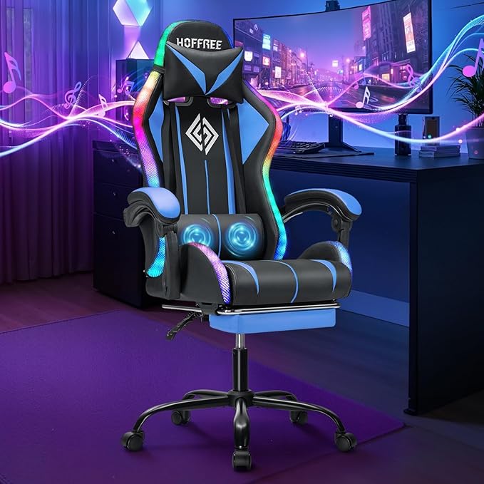 HOFFREE RGB Gaming Chair with Speakers Massage Computer Gaming Chair with LED Lights and Footrest High Back Video Game Chair for Adults Blue and Black