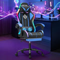 HOFFREE RGB Gaming Chair with Speakers Massage Computer Gaming Chair with LED Lights and Footrest High Back Video Game Chair for Adults Blue and Black
