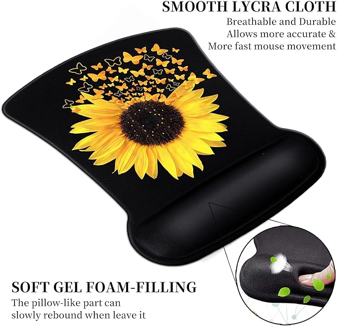 Ergonomic Mouse Pad Wrist Support Gel and Keyboard Wrist Rest Set Sunflowers and Butterflies in Bloom Design for Laptop Mac Gaming and Office Durable Comfortable and Pain Relief + Coaster