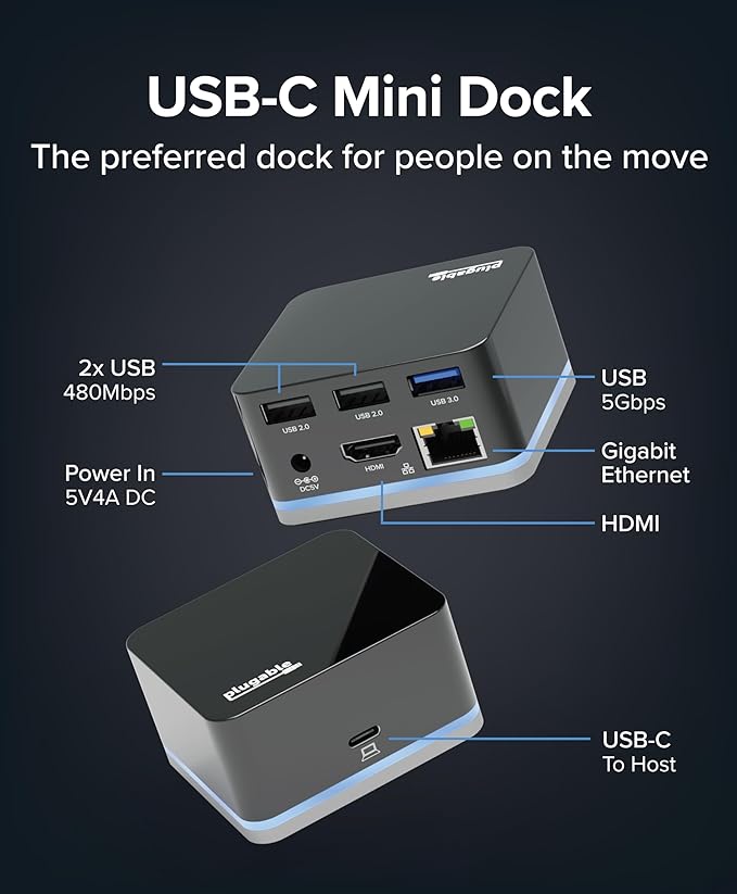 Plugable USB-C Wired Cube Mini Docking Station - Compact HDMI Gigabit Ethernet and 3 USB Ports - Works with USB-C USB4 and Thunderbolt MacBook Windows Chromebook - No Host Charging