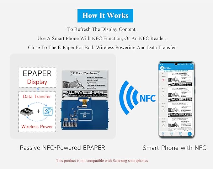 7.5inch Passive NFC-Powered e-Paper 800 x 480 Pixel ePaper Screen Adopts Novel Passive NFC Technology No Batte-ry Required No Messy Wiring Wire-Less Powering &amp Data Transfer