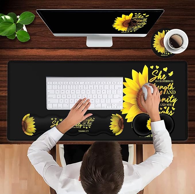 Gaming Black Mouse Pad + Keyboard Wrist Rest XL Large Mouse Mat Sunflower Christian Verse Proverbs 31-25 Extended Desk Pad Non-Slip Rubber Mice Pads Stitched Edges Pad (31.5x11.8 in)