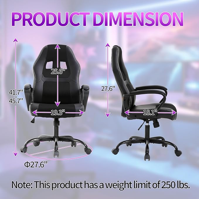 Gaming Chair Office Chair Adjustable Ergonomic High Back Massage Computer Desk Chairs with Lumbar Support PU Leather Racing Chairs Rolling Swivel for Adult &amp TeenBlack