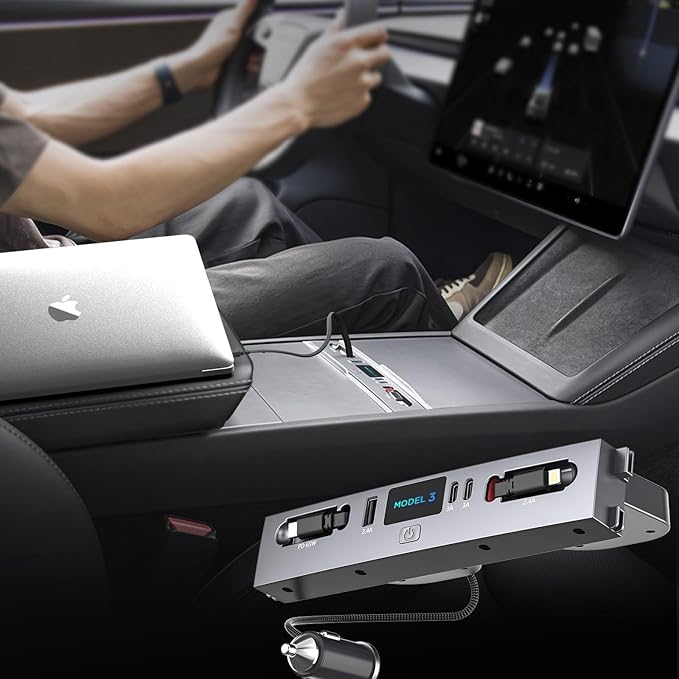 125W Max Retractable USB Hub Tesla New Model 3 Highland (2025/2024) Accessories Super Fast Charger Up 65W for MacBook Pro/Air/iPhone 16/15/Samsung Series 5 in 1 Docking Station