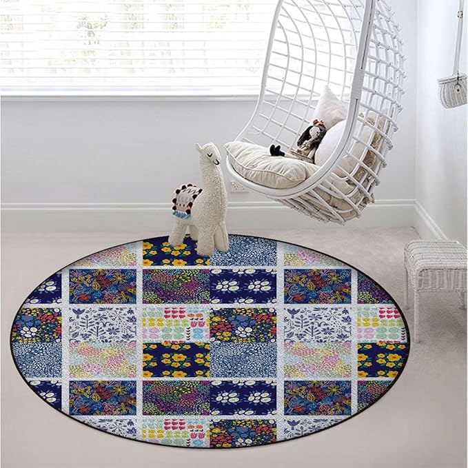 Multicolor Marble Round Area Rug Throw Rugs Soft Washable Small Round Floor Mats for Bedroom Living Room Patchwork of Different Patterns Traditional Diameter 43.3 in