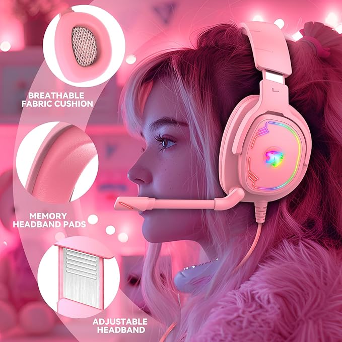 Gaming Headset for PC/PS4/PS5/Xbox One/Switch Stereo Surround Sound Gaming Headphones with Noise Canceling Flexible Mic Computer Headset with 3.5mm Jack &amp RGB Light (Pink)