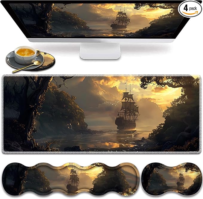 Large Gaming Mouse Pad Keyboard Wrist Rest Pad + Mouse Wrist Pad + Coaster 4 in 1 Set Extended Waterproof Non-Slip Desk Mat Suitable for Office Home Learning Games Pirate Ship
