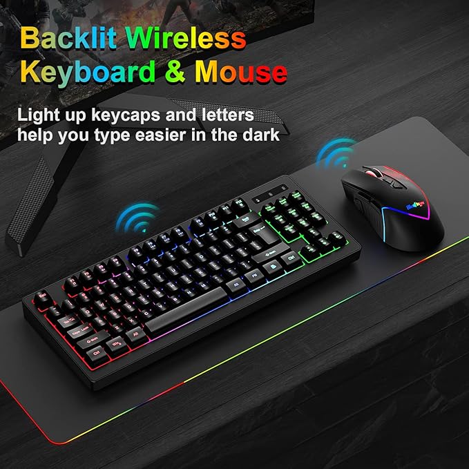 BlueFinger Wireless Keyboard and Mouse Combo Long Lasting Rechargeable Battery 87 Keys RGB Rainbow Backlit Gaming Keyboard &amp Ergonomic Light Up Gaming Mouse for Mac Laptop Computer PC Gamer