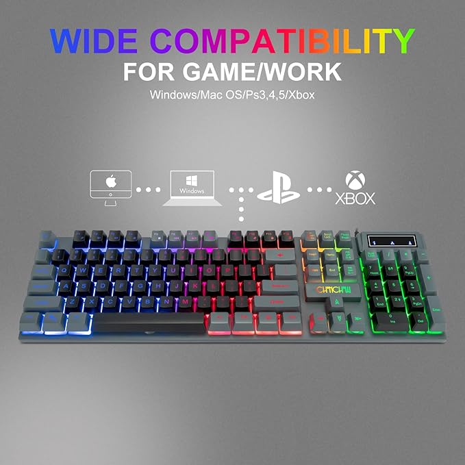 CHONCHOW Gaming Keyboard and Mouse Combo RGB LED Backlit USB Wired Key Board 3200dpi Mice Mechanical Feel Compatible with Xbox one ps5 Windows Laptop Computer(Grey-Black)