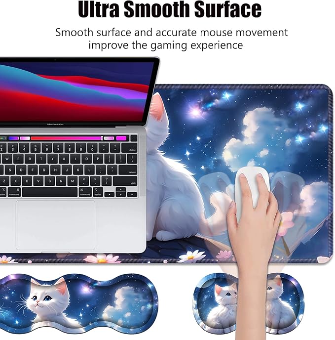 4 in 1 Ergonomic Memory Foam Mouse Pad Wrist Rest Set Large XXL Gaming Desk Pad + Keyboard Wrist Rest + Mouse Wrist Cushion + Coaster for Home Office Study Gaming Cute Cat