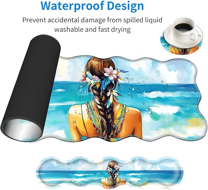 Large Mouse Pad and Keyboard Wrist Rest Desk Pad for Keyboard and Mouse 4-in-1 Large Gaming Mouse Pad with Wrist Support Desk Mat for Home Office Study Game-Girl with Floral and Feather