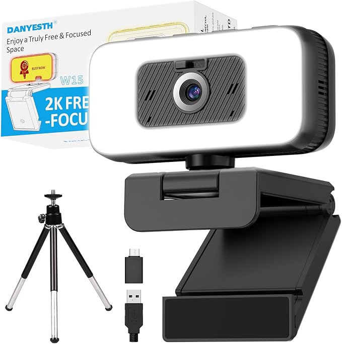 2K Webcam for Laptop Computer Camera with Light for PC/Desktop/Mac [Light Your Face Free Your Space] USB Webcam with Auto Anti-Disturb Backlight Zoom &amp Flip Privacy Cover Microphone