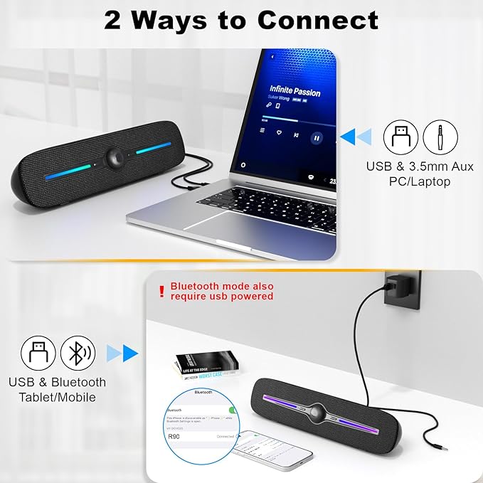 SOULION Computer Speakers for Desktop USB Powered Bluetooth PC Speaker with LED Light 3.5mm Aux Soundbar with Rotary Volume Control Button for Laptop Monitor Office Music Game Gray