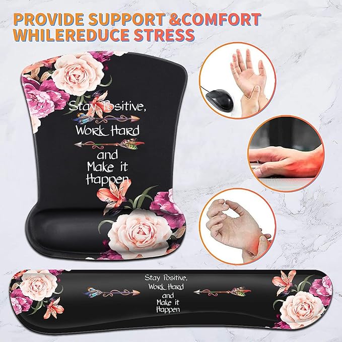 Keyboard Wrist Rest Pad and Ergonomic Mouse Pad Wrist Support Set Peony Flower Stay Positive Work Hard and Make It Happen for Gaming Office Comfortable and Pain Relief with Coaster Set