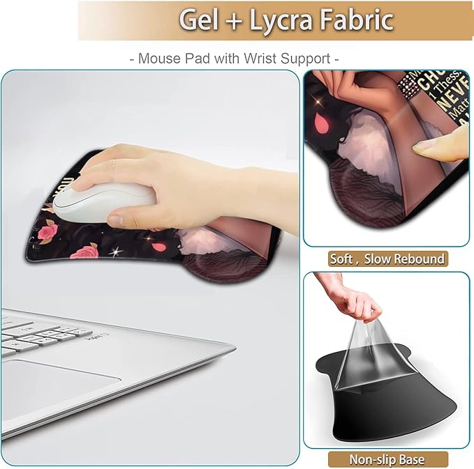 Keyboard Wrist Rest and Mouse Pad Wrist Support Set Ergonomic Gel Mouse Pad Wrist Rest with Non-Slip Base for Home Office Desk Pad African American Women Black Girl Black Gaming Mouse Mat
