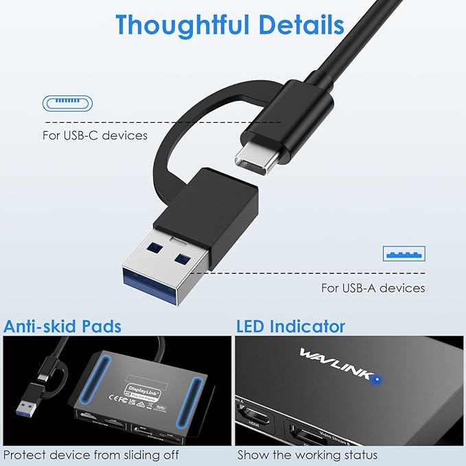 WAVLINK USB C and USB 3.0 to Dual 4K DisplayPort/HDMI Adapter Displaylink Monitor Splitter Extended Display for Dual Monitor 4K@60Hz HDMI/DP Splitter Compatible with Mac M1-M4Window Laptop-Black
